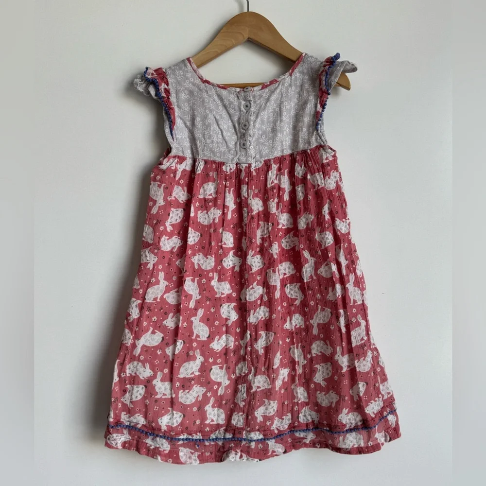 Mini Boden‎ Ruffle Shoulder Bunny Dress pink white gray floral yoke girls 7-8
